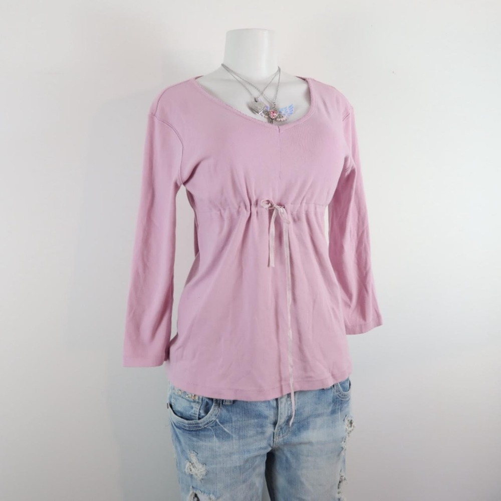 y2k baby pink babydoll tie waist long sleeve top - Picture 3 of 5